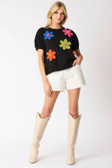 Multi Color Flower Trim Short Puff Sleeve Top