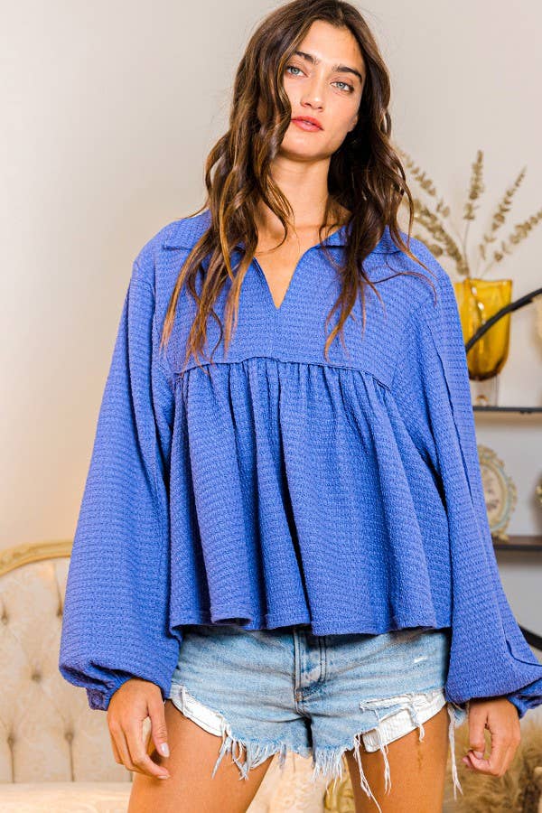 Collared Split Neck Pleating Top