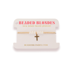 Cross + Pearl Gold Charm Bracelet: Extended 7.25 inch