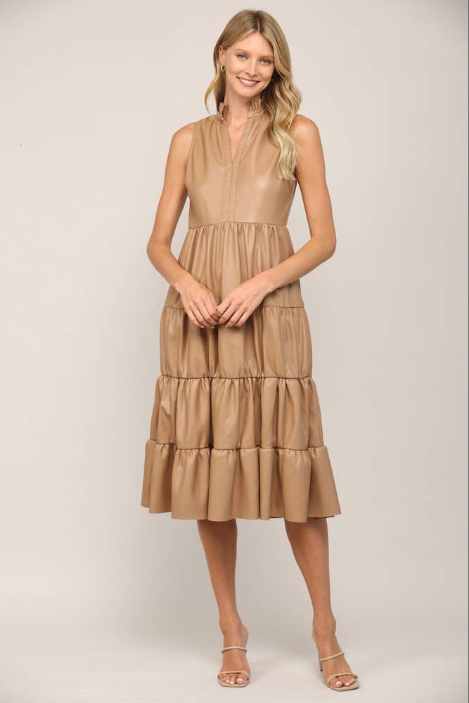 FAUX LEATHER TIERRED SLEEVELESS MIDI DRESS