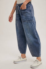 DENIM MID-WAIST DRAWSTRINGS BARREL JEANS