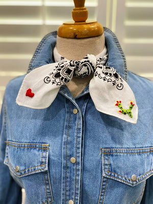 Embroidered Cactus ❤️ Bandana: White