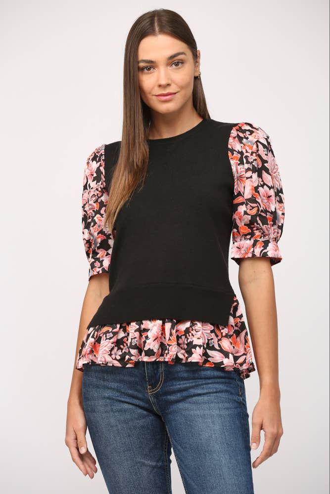 CONTRAST WOVEN SLV & HEM CREW NECK SWEATER