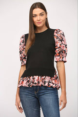 CONTRAST WOVEN SLV & HEM CREW NECK SWEATER