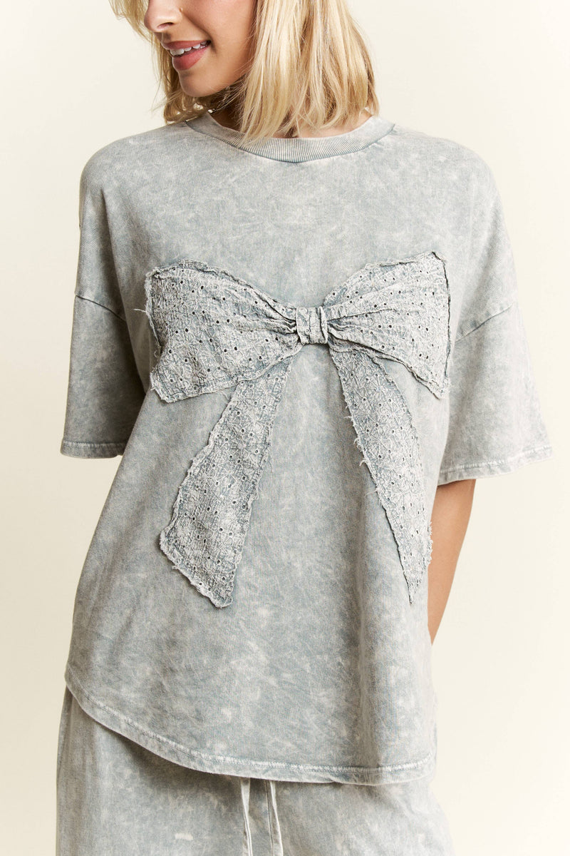 MineralWash Ribbon bow half sleeve shirt with ruffled flare bottoms