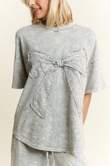 MineralWash Ribbon bow half sleeve shirt with ruffled flare bottoms
