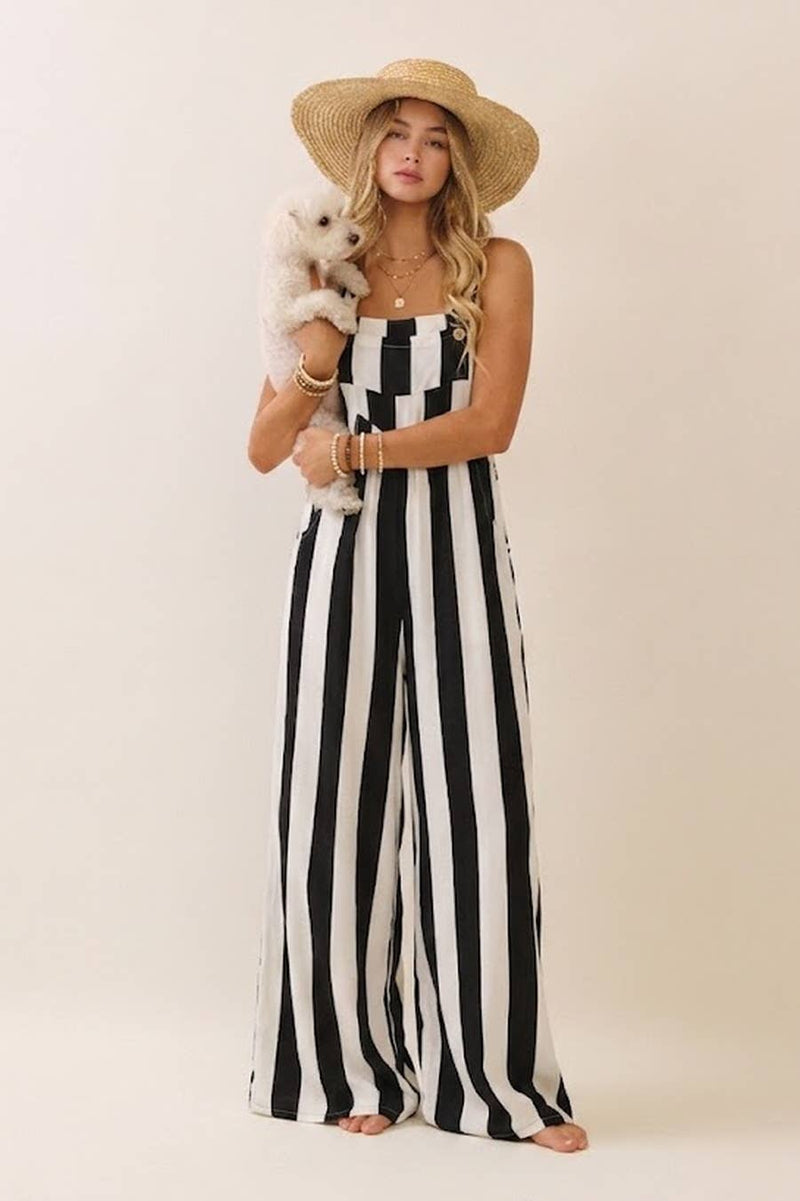 Vertical Stripe Wide Leg Jumpsuit: BLACK IVORY
