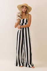 Vertical Stripe Wide Leg Jumpsuit: BLACK IVORY