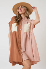 Rhinestoned Color Block Shirt Dress