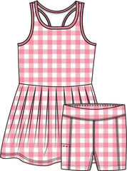 Women's Bubblegum Gingham Pleated Skirt Active Dress & Bike Short Set