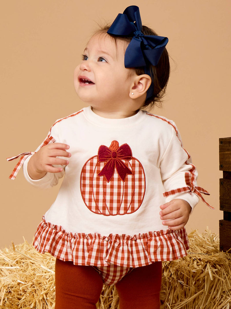 Baby Girls Pumpkin Bow Ivory Applique Ruffle Bow Sweatshirt Swing Top & Ruffle Bloomer Set