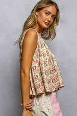 Round Neck Double Gauze Pintuck Floral Sleeveless Top