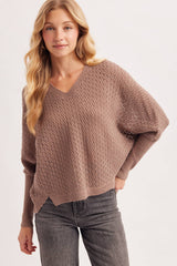 OPEN KNIT DOLMAN SLEEVED V-NECK KNIT SWEATER