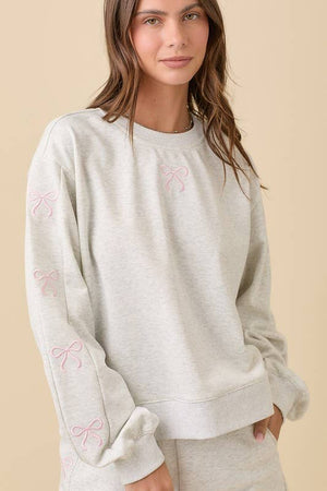 Crewneck Long Sleeve Top With Ribbon Bow Short set