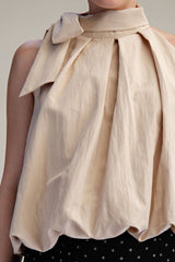 High Neck Tie Wrap Balloon Sleeveless Top