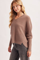 OPEN KNIT DOLMAN SLEEVED V-NECK KNIT SWEATER