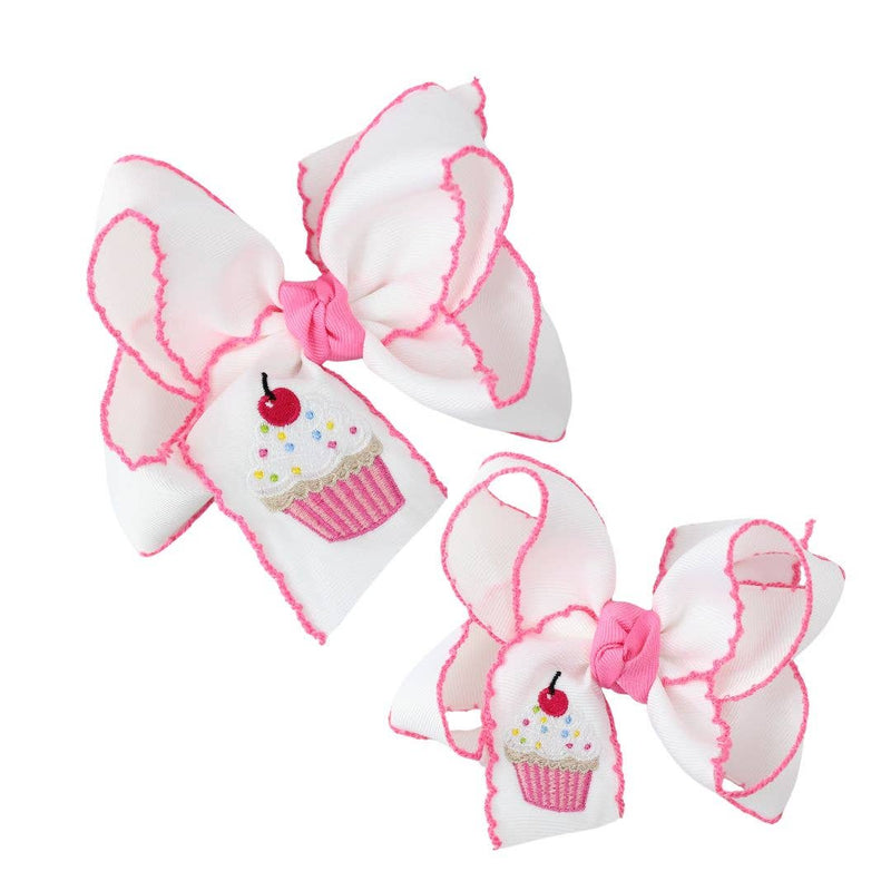 EMBROIDERED NEW CUPCAKE CROCHET EDGE HAIR BOW: 4.5" Large