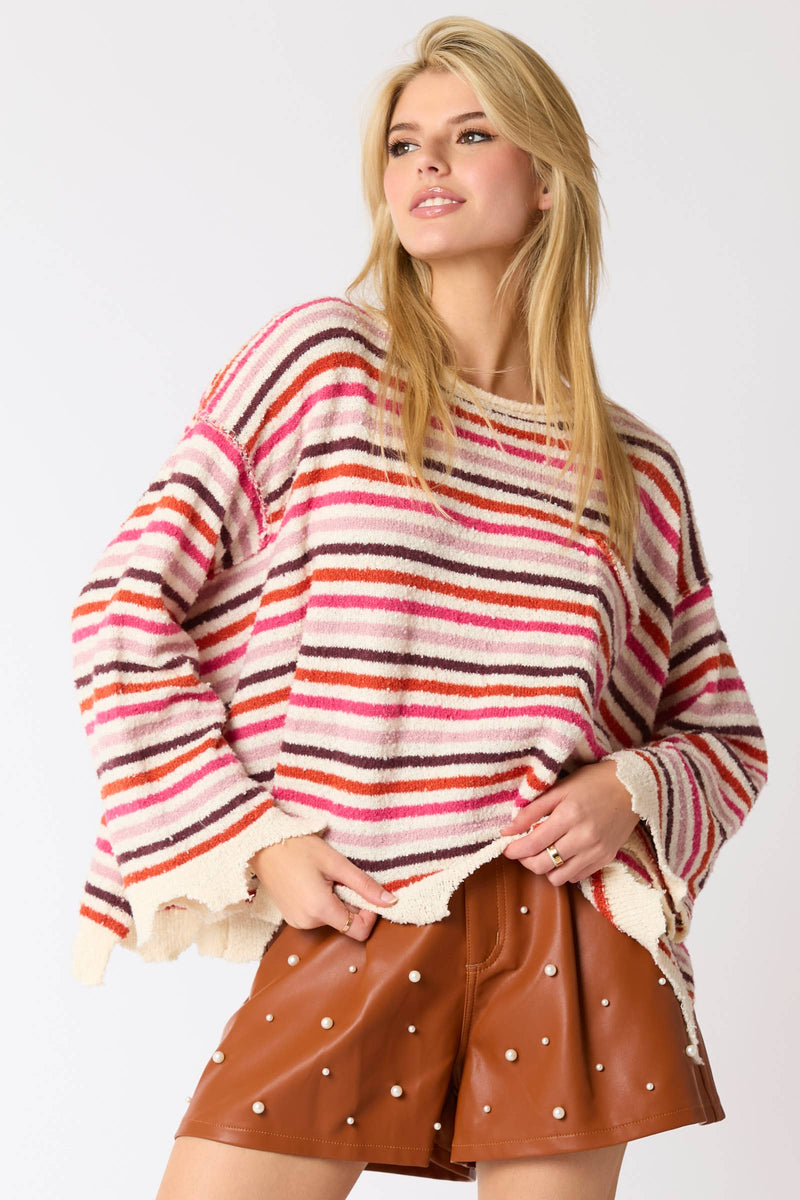 Poly Multi Color Stripe Loose Fit Raw Edge Sweater