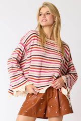 Poly Multi Color Stripe Loose Fit Raw Edge Sweater