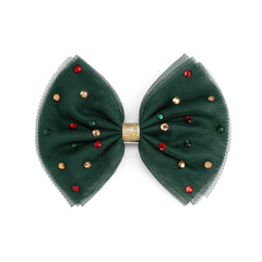 Emerald Rhinestone Christmas Tulle Bow Clip - Kids Hair Bow