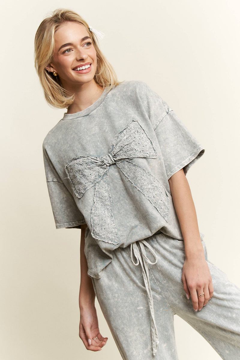 MineralWash Ribbon bow half sleeve shirt with ruffled flare bottoms