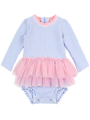 Baby Girls Periwinkle Blue Seersucker Tulle Skirted One Piece Rash Guard