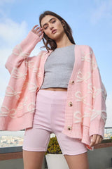 Oversized Ribbon Pullover Sweater Cardigan: CREAM/PINK