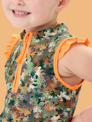 Girls Classic Camo Sleeveless Zip Ruffle Sleeve Active Top