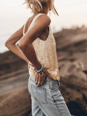 Stylish Sequins Design U-Neck top