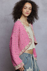 Long sleeve contrast pearl open cardigan sweater top