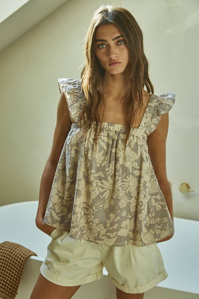 Floral Print Square Neck Ruffle Sleeve Flare Top