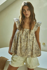 Floral Print Square Neck Ruffle Sleeve Flare Top