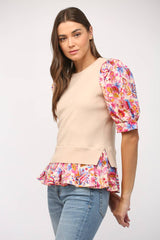 CONTRAST WOVEN SLV & HEM CREW NECK SWEATER