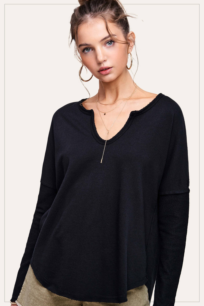 Textured Fabric Contrast Terry Long Sleeve Top