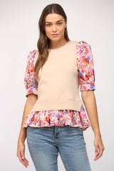 CONTRAST WOVEN SLV & HEM CREW NECK SWEATER