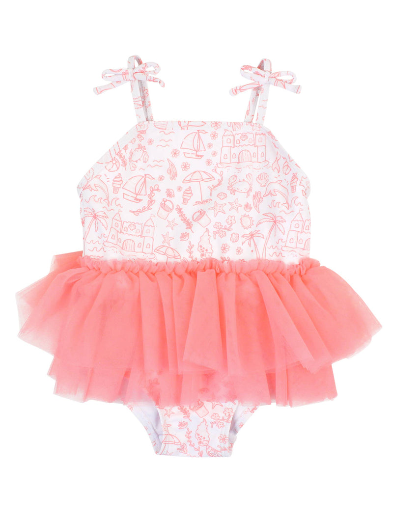 Girls By the Seaside Tulle Skirted Tie Shoulder One Piece