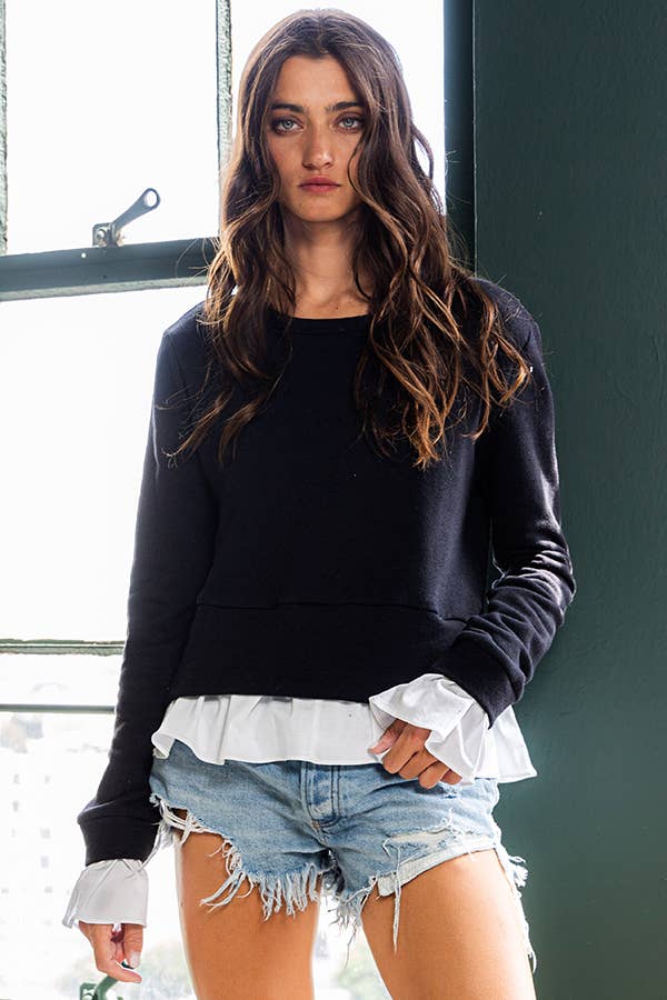 Cuffs And Bottom Ruffle Detail Solid Top