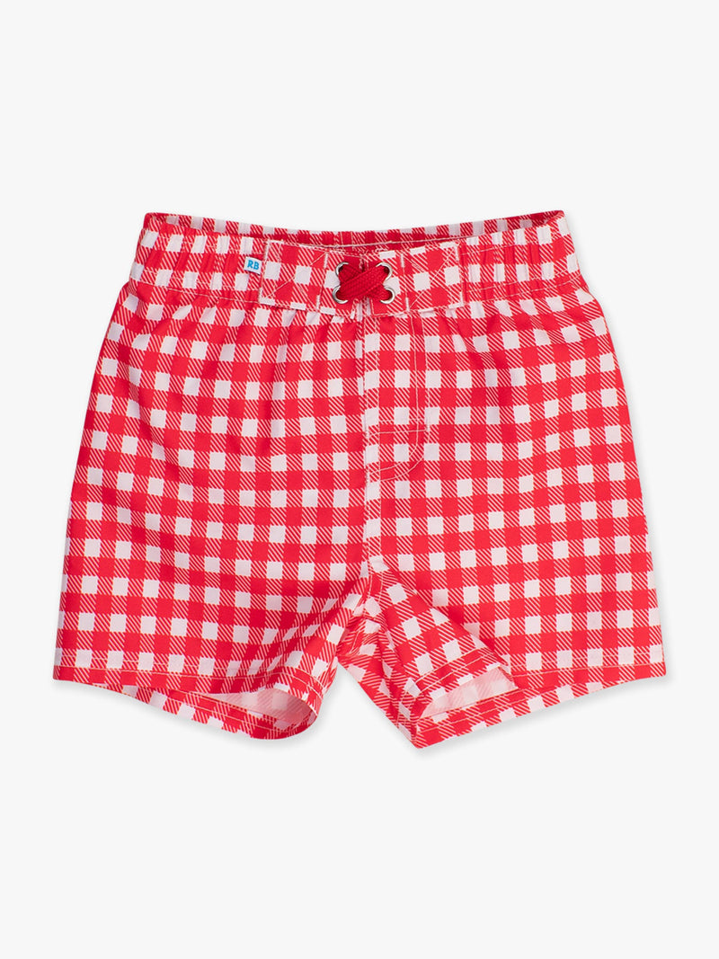 Boys Vintage Red Gingham Swim Trunks
