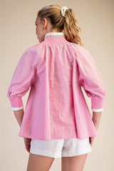 Mock Neck Band Puff Sleeve Blouse