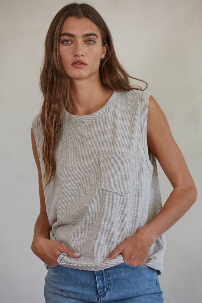 Ribbed Crew Neck Sleeveless Tank Top