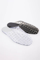 Transparent Woven Jelly Mule Flats: BROWN