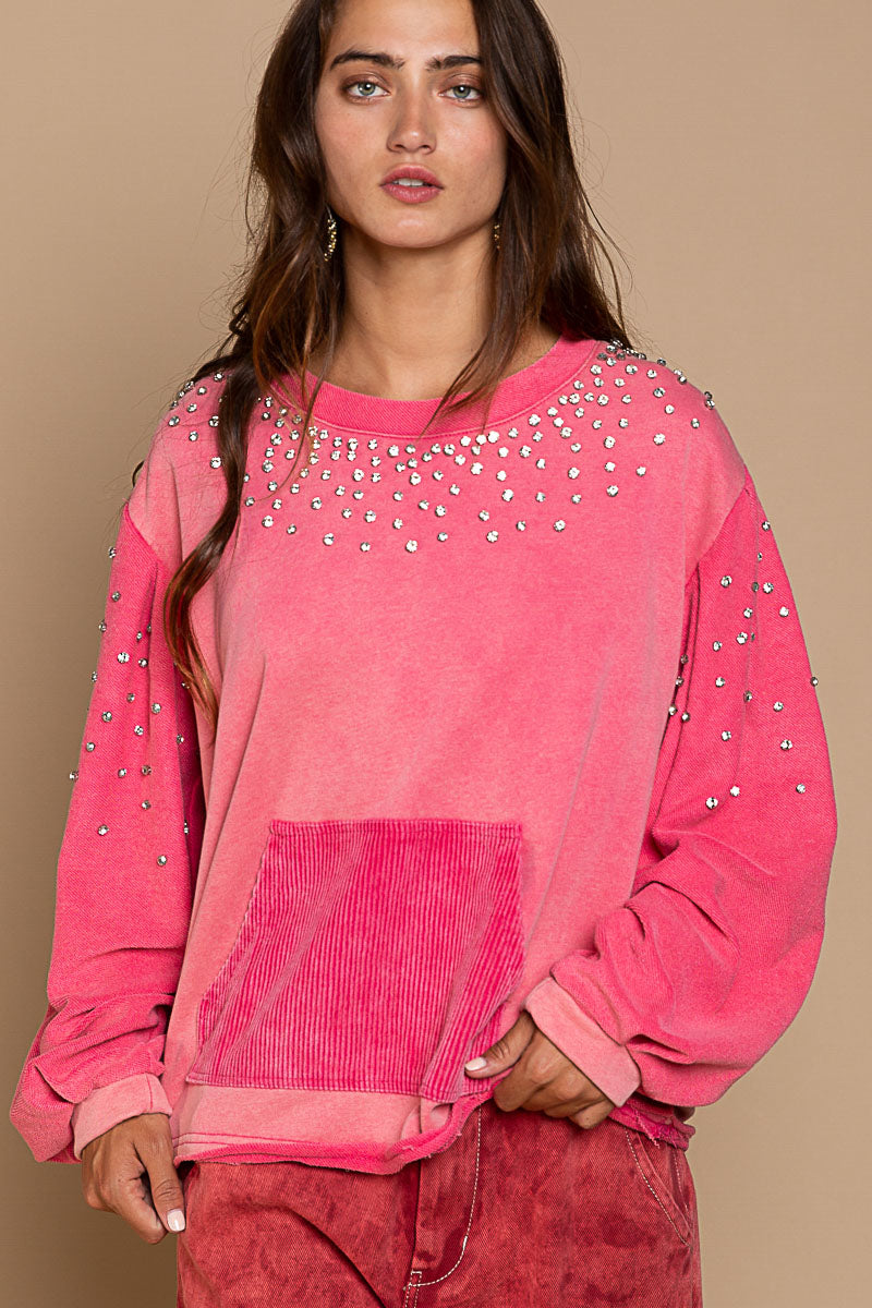 Corduroy/French Terry Sweater With Diamond Accents