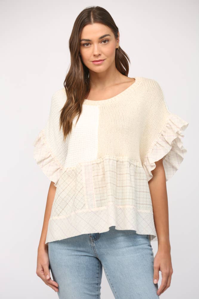 PATCHWORK FLUTTER SLV SWEATER: IVORY