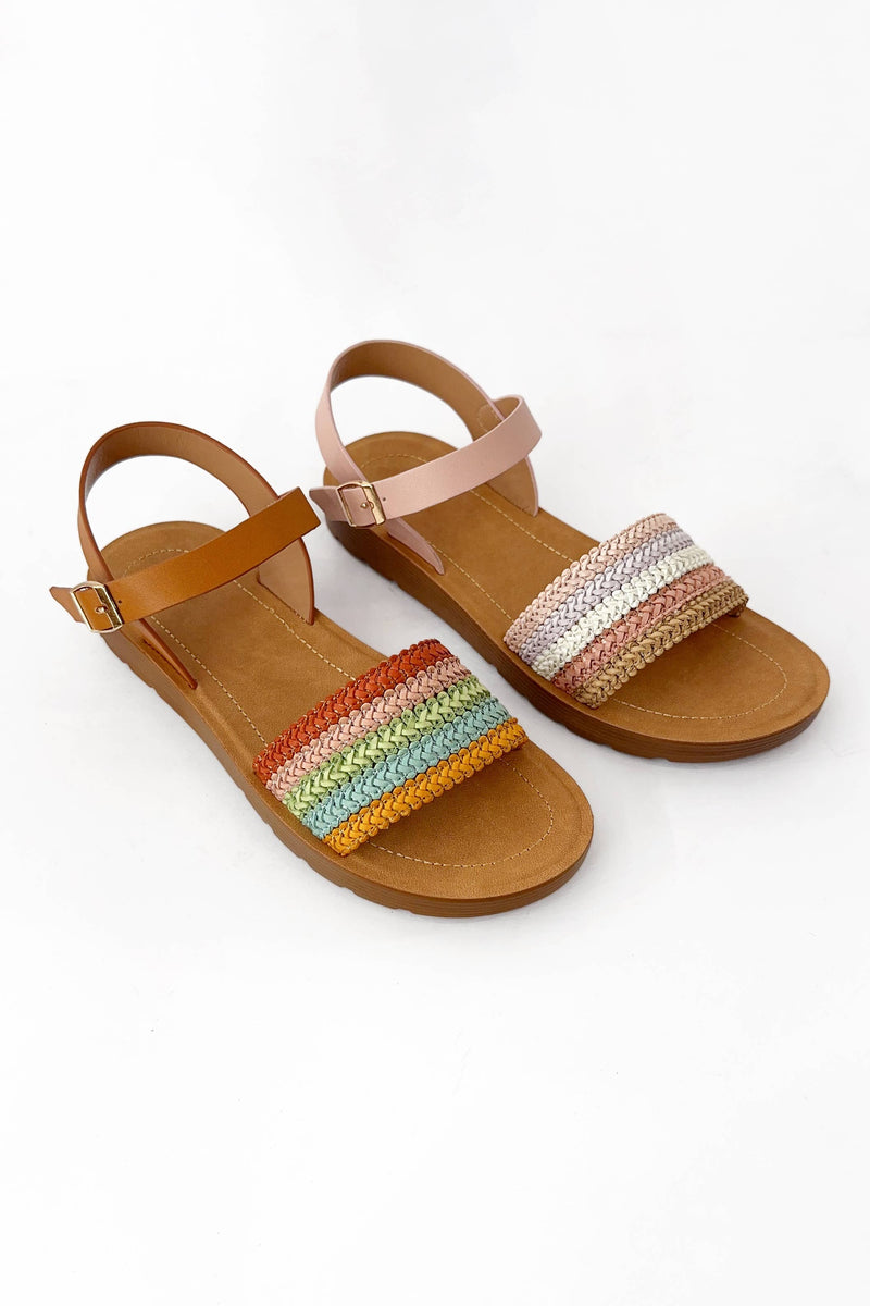REBEKAH WOVEN UPPER LIGHT WEIGHT SOLD ANKLE STRAP SANDAL: MULTI COLOR