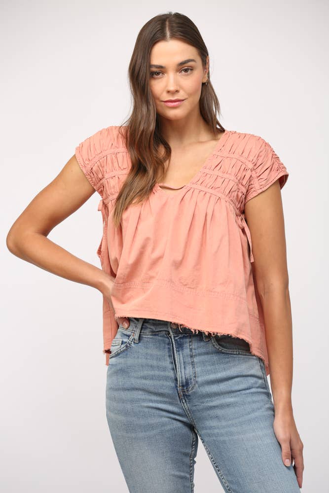 SHIRRED DETAIL SIDE TIE CAP SLV TOP-CORAL PINK