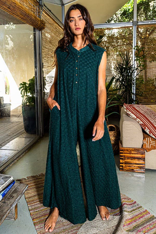 Wide Leg Chess Board Textured Brushed Knit Jumpsuit