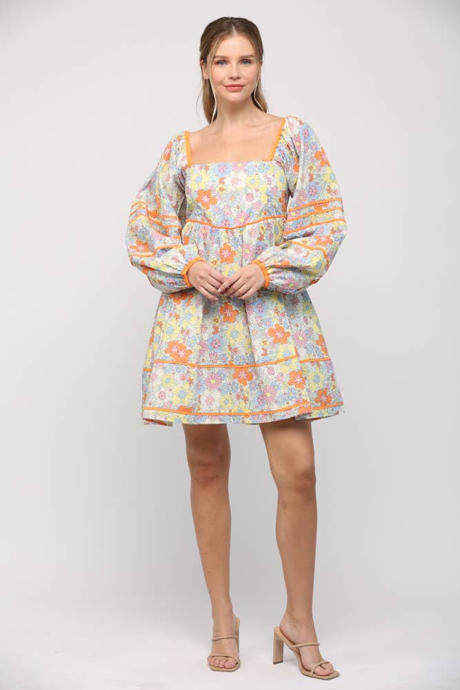 SQUARE NECK LINE FLORAL PRINT COTTON BABYDOLL DRESS