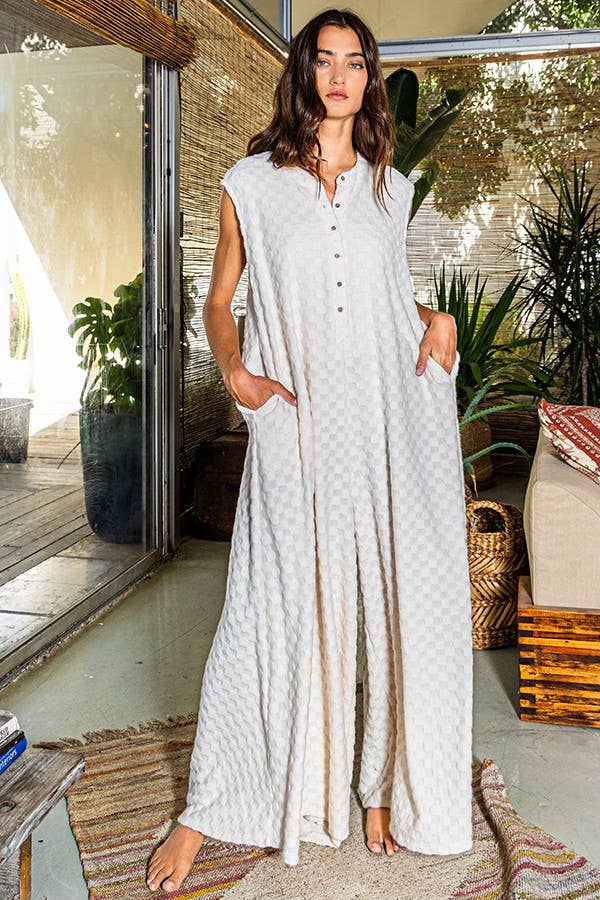 Wide Leg Chess Board Textured Brushed Knit Jumpsuit