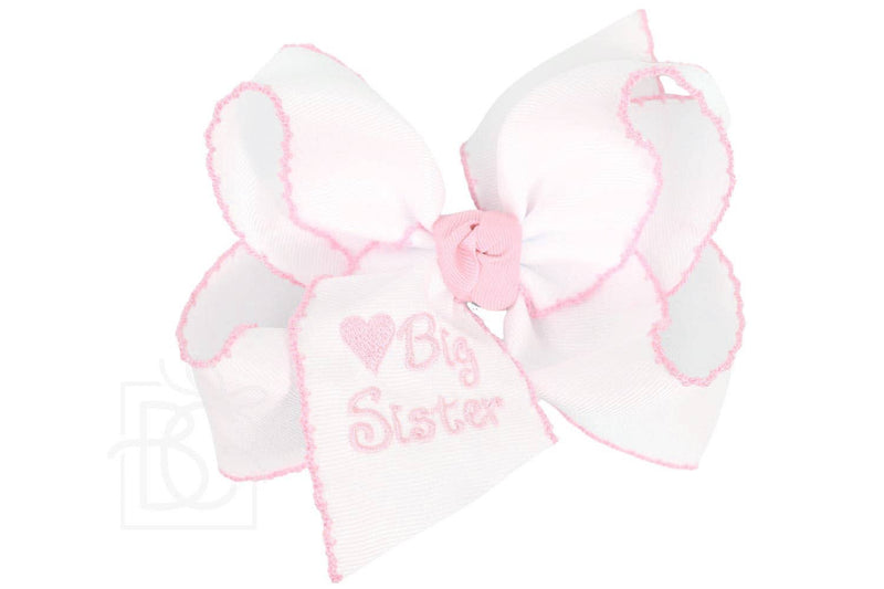 Embroidered Big Sister Crochet Edge Bow: White w/ Pink Crochet Edge