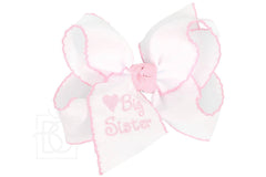Embroidered Big Sister Crochet Edge Bow: White w/ Pink Crochet Edge